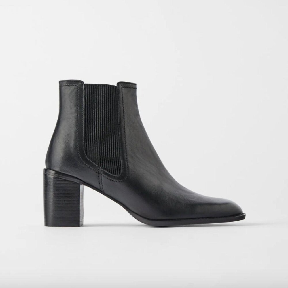 NIB Zara Pointy Black Leather Boot Size EU37 US6.5